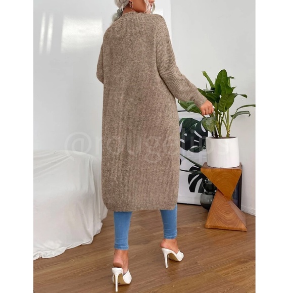 Brown Duster Cardigan Front Pockets Cable Knit Long Sleeve Midi Length - Picture 4 of 8